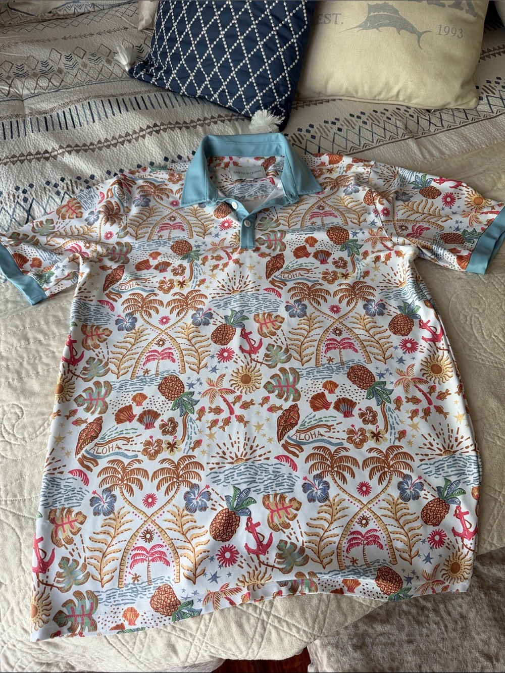 Men's Tropical Print Polo Shirt - Light Blue Collar